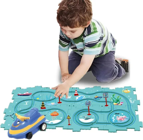 Vista 17 de Regalo de Cumpleaños para Niño de 4 Años, Set de Pista de Carros Rompecabezas para Niños con Mapa de Carretera, Set de Juego de Carros de Pista