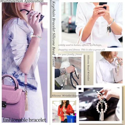 Vista 7 de BIHRTC Llavero con pulsera de silicona Llavero con brazalete de cuentas de silicona llavero con borla de cuero para mujeres niñas