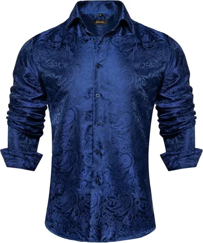 Vista 13 de DiBanGu Camisa de vestir de paisley de seda para hombre, formal, de manga larga, con cuello abotonado, camisas informales para fiesta de boda Negro
