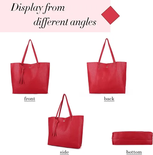Vista 4 de Bolso de hombro de piel sintética para mujer, bolso de mano con borla de gran capacidad