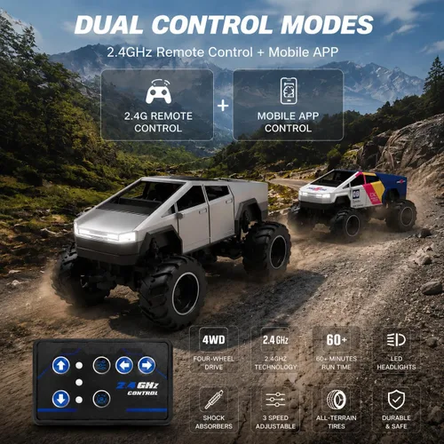 Vista 16 de 1:64 Mini RC Crawler Car, camión de control remoto de aleación con control de aplicación, controlador de 2.4 GHz, 3 modos de velocidad, luces LED