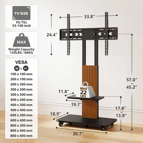 Vista 6 de TVON - Soporte de TV resistente para televisores grandes de 55 a 100 Negro