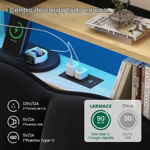 Vista 3 de LARMACE Base de cama tamaño King con luces LED y estación de carga, plataforma tapizada de terciopelo con cabecera de almacenamiento, no necesita