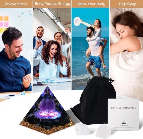 Vista 5 de Hopeseed Pirámide de orgón para energía positiva, amatista de orgonita y obsidiana pirámides de cristal curativo para reducir el estrés