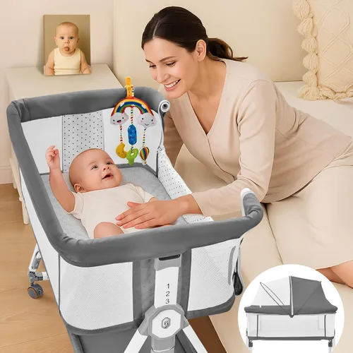 Vista 7 de Moisés 4 en 1 para Bebé Durmiente de Cabecera, Moisés de Cabecera con Ruedas, Moisés Ajustable de 6 Alturas con Colchón Suave, Mosquitero, Juguete