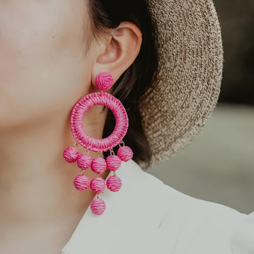 Vista 8 de Statement Raffia Earrings Boho Dangle Drop Earrings Cute Handmade Fashion Earring Summer Beach Jewelry for Women