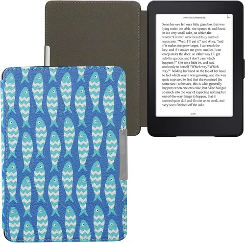 Vista 8 de kwmobile Funda compatible con Amazon Kindle PaperWhite - Funda para lector electrónico - Azul pez pequeño/azul claro/blanco