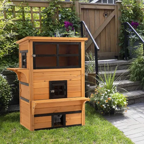 Vista 2 de 3-Tier Modular Cat House: Asphalt Roof, Lifted Floor, Escape Door + Jump Platforms, Yellow/Black Finish, 38.5x27x48in, Fir Construction, 10lb