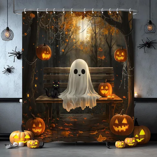 Vista 2 de Cortina de ducha de fantasma de Halloween, espeluznante gato negro, telaraña, bosque de otoño, tela de noche aterradora, decoración de baño, cortina