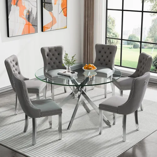 Vista 97 de Juego de mesa de comedor de cristal plateado moderno de 47 pulgadas para 2, juego de mesa de comedor de cocina redonda de 3 piezas con patas