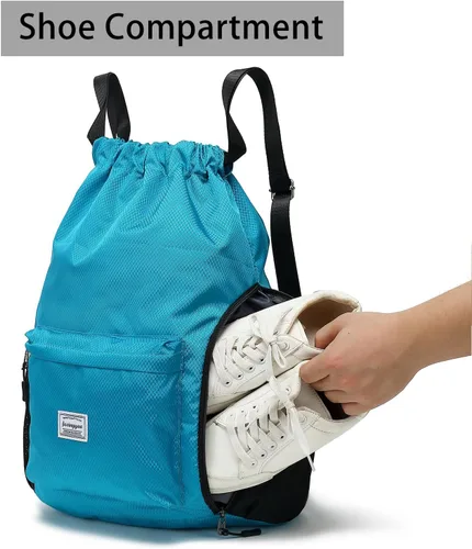 Vista 4 de FUXINGYAO Mochila deportiva con cordón y compartimento para zapatos, mochila de cuerda para mujeres y hombres (negro), Azulclaro, Sencillo y fácil