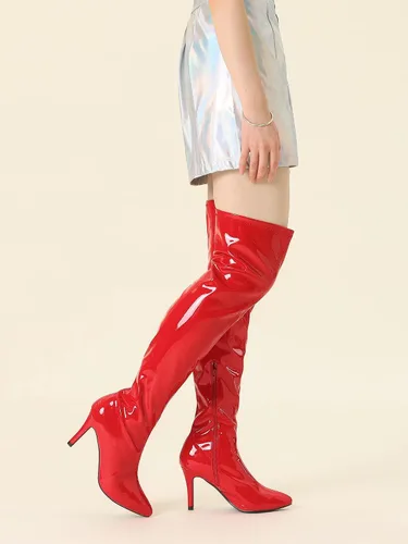 Vista 2 de Allegra K Botas altas de tacón de aguja puntiagudas sobre la rodilla para mujer