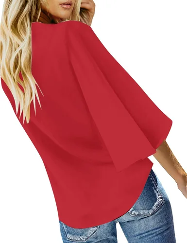 Vista 2 de Luvamia - Blusa informal de manga 34 con nudo y cuello en V para mujer, blusas unicolor con botones