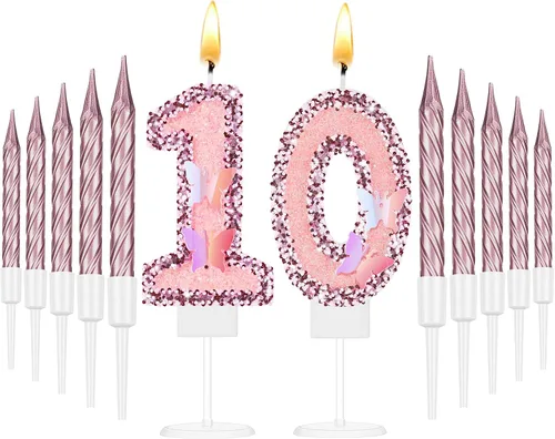 Vista 12 de Amylove Vela de cumpleaños número 0, decoración de pastel de mariposa con purpurina rosa con 10 velas delgadas, decoraciones de cumpleaños número 0