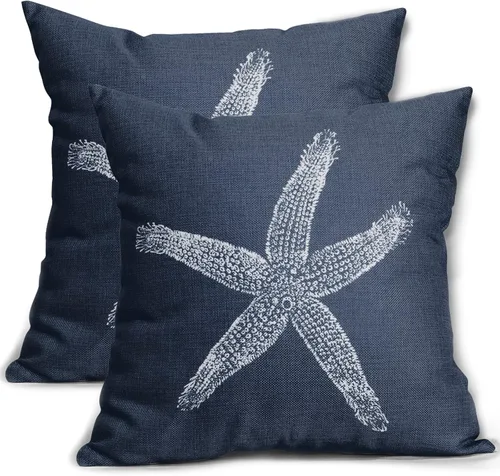 Vista 9 de Sweetshow Juego de 2 fundas de almohada cuadradas de lino con estrellas de mar negras de 16 x 16 pulgadas, decoración náutica costera de playa
