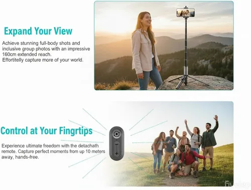 Vista 3 de Trípode Selfie Stick para iPhone y Android, trípode portátil con control remoto Bluetooth, apertura con un solo clic, compacto y ligero, todo en 1