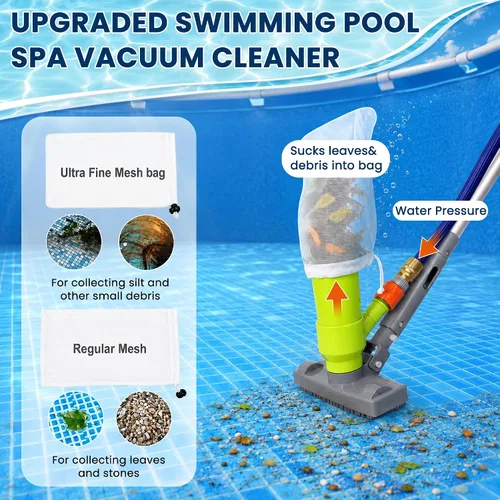 Vista 3 de Sepetrel Kit de limpieza de piscina de lujo con aspiradora de chorro, cepillo, red de skimmer semi-profunda y poste ajustable de 57.5 pulgadas