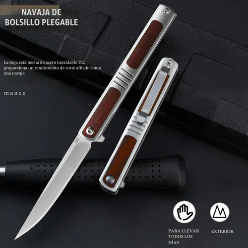 Vista 5 de Cuchillo de bolsillo para hombres, cuchillo plegable con clip, con hoja de acero D2, cierre de seguridad, cuchillo afilado para supervivencia