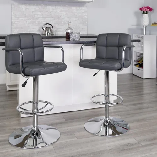 Vista 2 de Flash Furniture Taburete de bar de altura ajustable de vinilo acolchado gris contemporáneo con brazos y base cromada