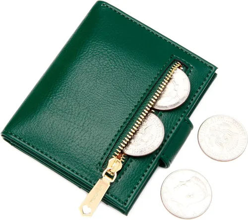 Vista 3 de Badiya Billeteras pequeñas para mujer, plegable, multitarjeta, delgada, tarjetero con cremallera, Verde Oscuro, Minimalista