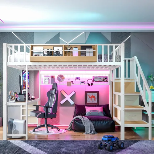 Vista 10 de MERITLINE Cama loft para juegos de tamaño matrimonial con escritorio y Negro