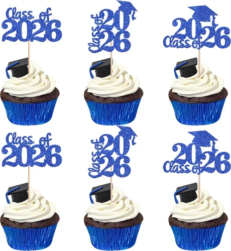 Vista 9 de 24 piezas 2026 temáticas de graduación 2026 decoraciones para cupcakes con purpurina clase de 2026 Diploma Congrats 2026 Tapa de graduación