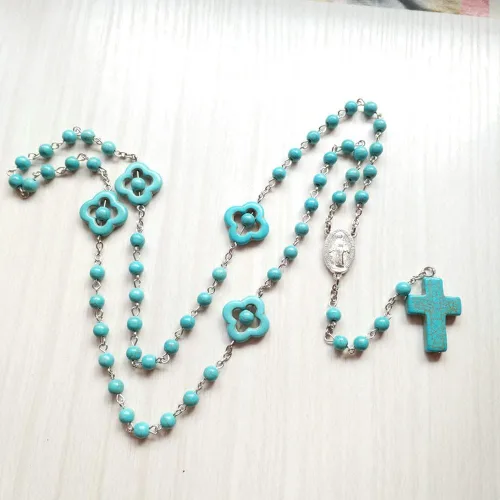 Vista 3 de Collar de cuentas largas con colgante para mujeres y hombres, cuentas de cristal turquesa, rosario católico, medalla de Santa María, cruz milagrosa