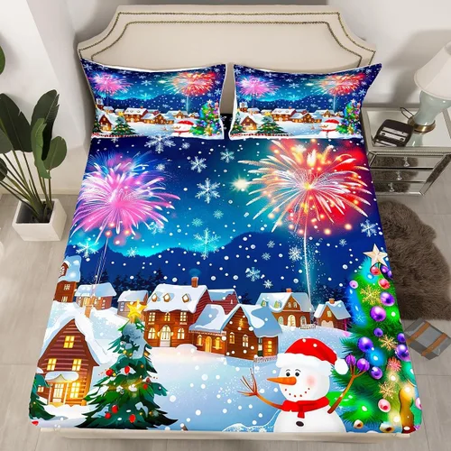 Vista 16 de Erosebridal Juego de ropa de cama de muñeco de nieve, tamaño individual, sábana bajera ajustable de esquí kawaii para árbol de Navidad, para niños
