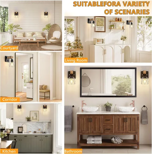 Vista 7 de FadimiKoo Juego de 2 apliques de pared, lámparas de pared de madera de cabecera con interruptor giratorio, lámpara de tocador de baño negra