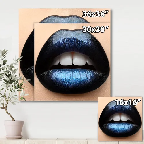 Vista 4 de DesignQ Labios de mujer con lápiz labial negro y azul moderno lienzo arte de pared