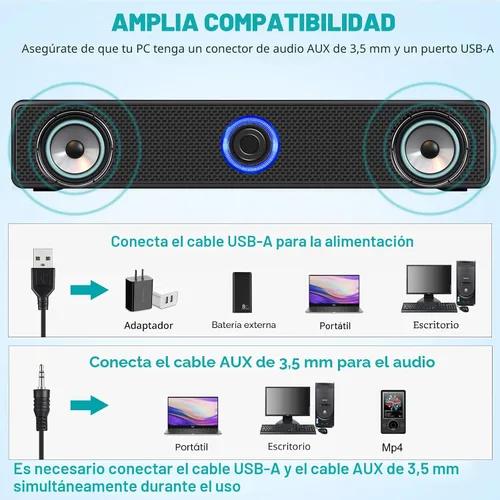 Vista 4 de Altavoces para Computadora, Altavoces de PC Alimentados por USB, Altavoces Estéreo de Escritorio con Cable con Enchufe de Audio de 3.5mm