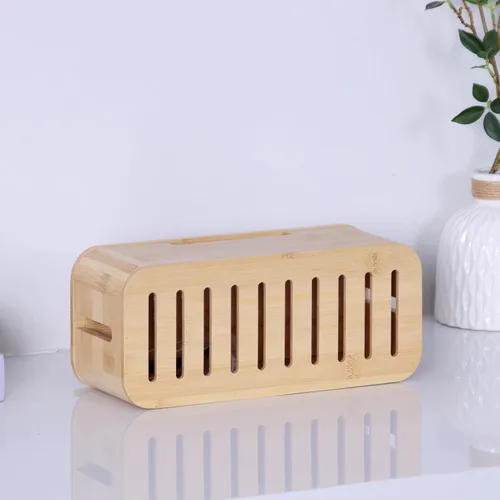 Vista 6 de Relaxdays Caja de cables para 2 regletas de alimentación de bambú, HBT: 6.3 x 11.8 x 5.1 in, soporte para tablet y teléfono celular, color natural