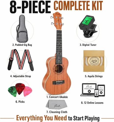 Vista 3 de Ranch - Ukulele profesional, de madera, kit de ukelele con 12 lecciones en línea gratis 15% Longer Sustain, Warmer Woodier Tone, Sapele &