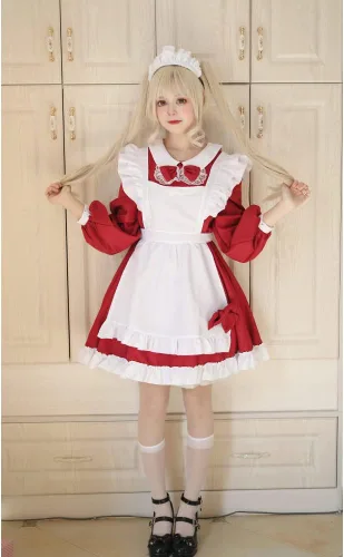Vista 2 de WKDTWCOS Disfraz de sirvienta para mujer, talla grande, disfraz de sirvienta de Halloween, Lolita, anime japonés, delantal, vestido de sirvienta