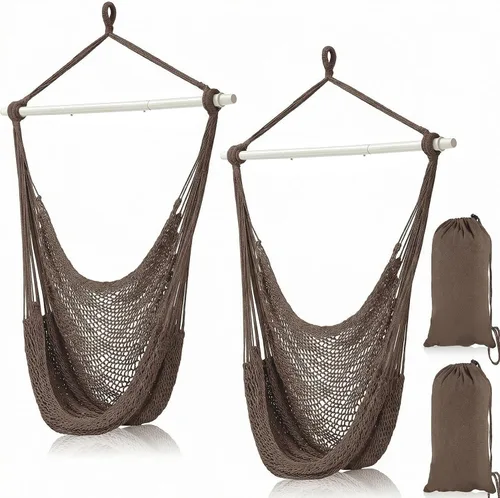 Vista 8 de Barydat - 2 sillas colgantes tipo hamaca estilo bohemio, para exteriores e interiores, cómoda cuerda de algodón suave con barras de metal Beige