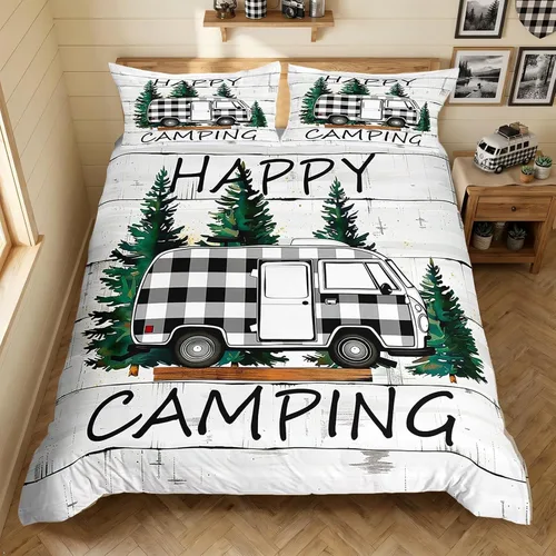 Vista 13 de Erosebridal Juego de funda de edredón de cabaña de cabaña, ropa de cama individual para niños, funda de edredón de campamento feliz, ropa de cama
