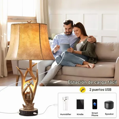Vista 5 de Dungoo Juego de 2 lámparas de mesa rústicas de ciervo occidental con luz nocturna, lámparas de noche rústicas de 26 pulgadas para dormitorio con 2