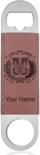 Vista 11 de LaserGram Abrebotellas, escudo de armas República Dominicana, grabado personalizado incluido (cuero sintético, negro y dorado)