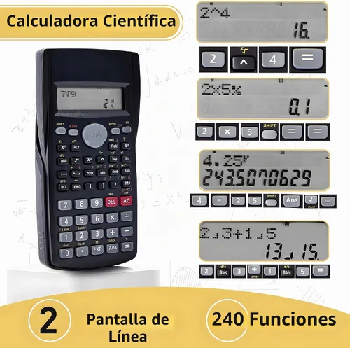 Vista 3 de Calculadora científica, paquete de 2, pantalla transparente de 2 líneas, 240 funciones, calculadora básica AAA funciona con pilas para fracción