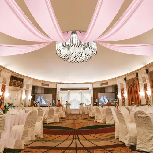 Vista 13 de DYRABREST Cortinas de techo de gasa para bodas, 6 paneles de 5 x 20 pies de largo, tela traslúcida de gasa beige para salas de recepción