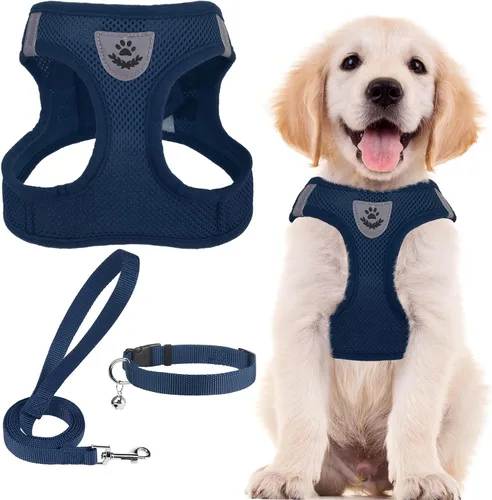 Vista 17 de PUPTECK - Arnés, collar y correa ajustables, sin tirones, para perros pequeños y medianos, cachorros y gatos, pechera reflectante acolchada de malla