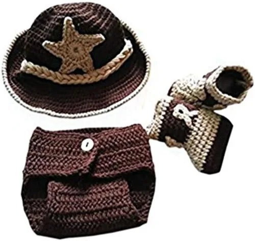 Vista 2 de Pinbo Conjunto de vaquero para bebé recién nacido, diseño de ganchillo
