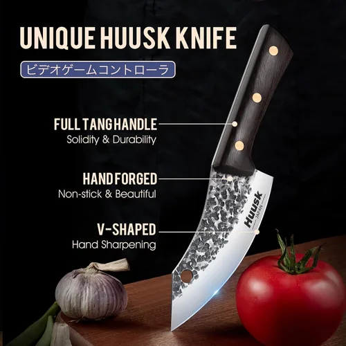 Vista 4 de Huusk Mini cuchillo japonés, pequeños cuchillos de carne con funda, cuchillos únicos de cavernícola, cuchillo vikingo de chef forjado a mano