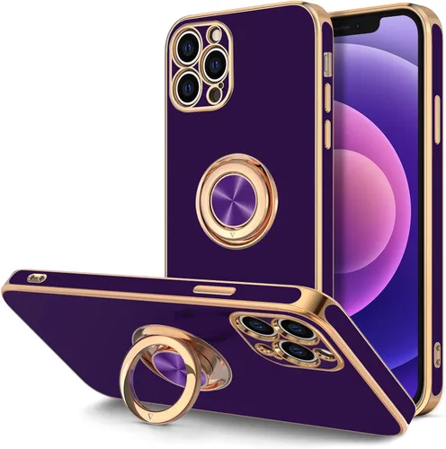 Vista 10 de Hython Funda para iPhone 12 Pro Max con Soporte de Anillo [Soporte Magnético Giratório de 360°] [Forro de Microfibra Suave] Borde Chapado en Oro