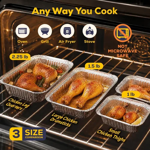 Vista 6 de Fit Meal Prep Paquete de 100 sartenes pequeñas de papel de aluminio de 1 libra con tapas, recipientes desechables para alimentos con tapas