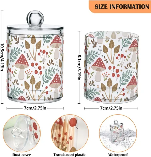 Vista 3 de Paquete de 2 tarros de boticario para baño, hojas de hongos, dispensador de plástico transparente con tapa para bolas de algodón, hisopo de algodón