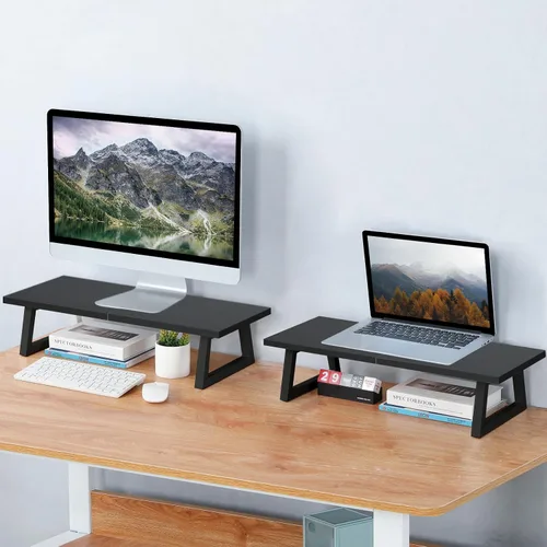 Vista 2 de TEAMIX Soporte elevador de monitor de 24 pulgadas, soporte para monitor de computadora de madera negra y acero con almacenamiento, portátil, PC