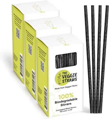 Vista 12 de The Veggie Straws 150 unidades de agitadores de bebidas biodegradables negros sin envolver de 4.75 pulgadas - Hecho de fibras vegetales, los mejores
