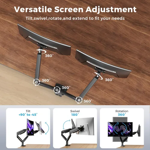 Vista 4 de Soporte de Monitor Curvo Brazo Dual para Monitor hasta Pantallas de 35", Máximo 28.6 libras Cada Una, Brazo de Monitor Ultra Ancho Resistente, Giro
