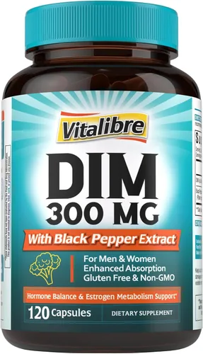 Vista 10 de Vitalibre Suplemento DIM para mujeres y hombres, metabolismo de estrógeno, equilibrio hormonal y apoyo a la menopausia, DIM 300 mg con extracto